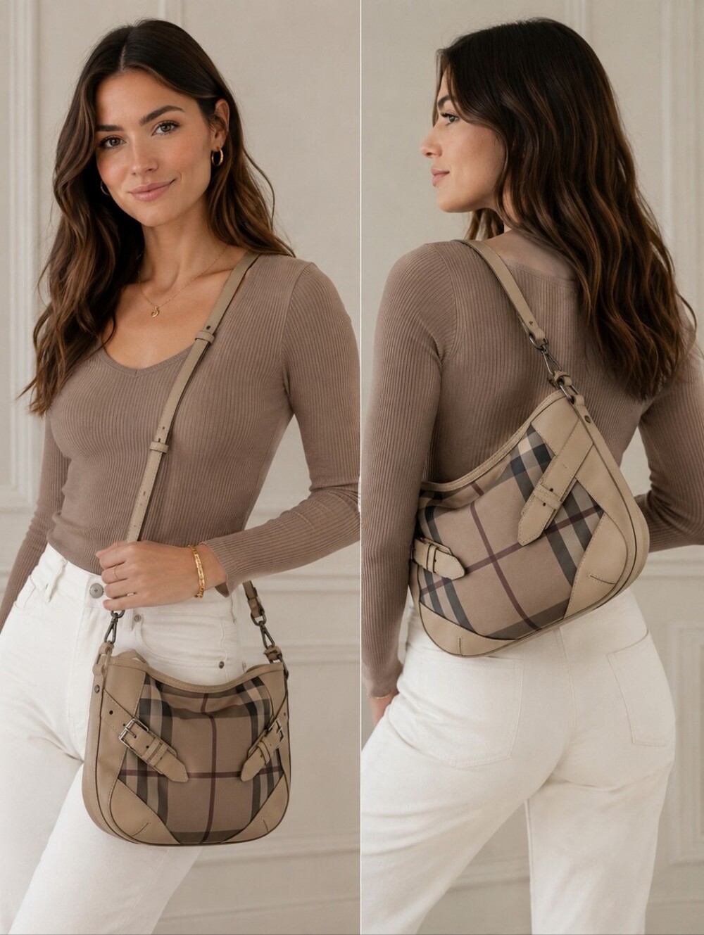 Burberry Taupe Plaid Shoulder Bag